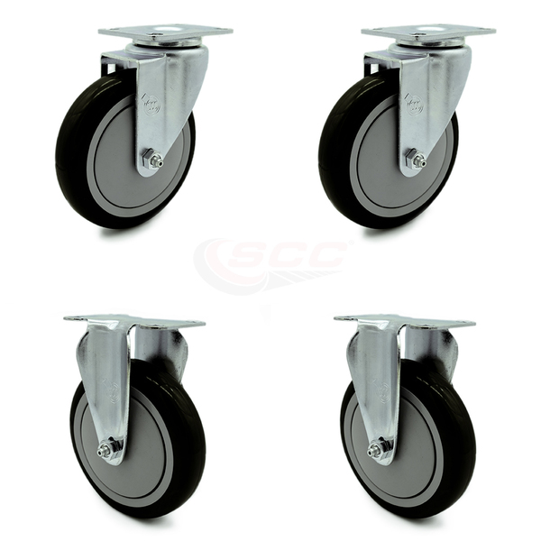 Service Caster 5 Inch Black Polyurethane Wheel Swivel Top Plate Caster Set with 2 Rigid SCC SCC-20S514-PPUB-BLK-2-R514-2